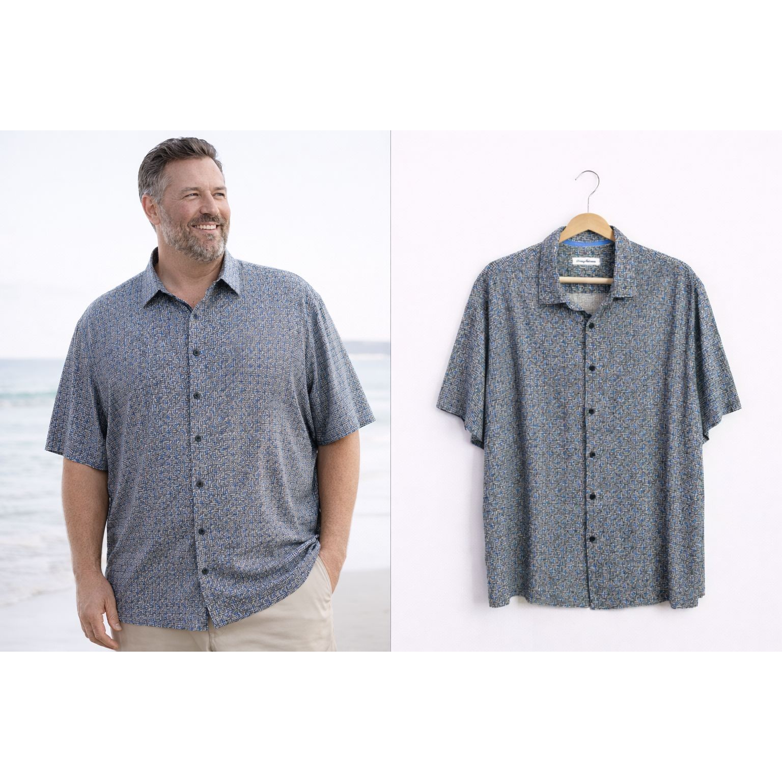 Mens Tommy Bahama Silk Shirt 2x Big Tall Gray Blue Print Short Sleeve